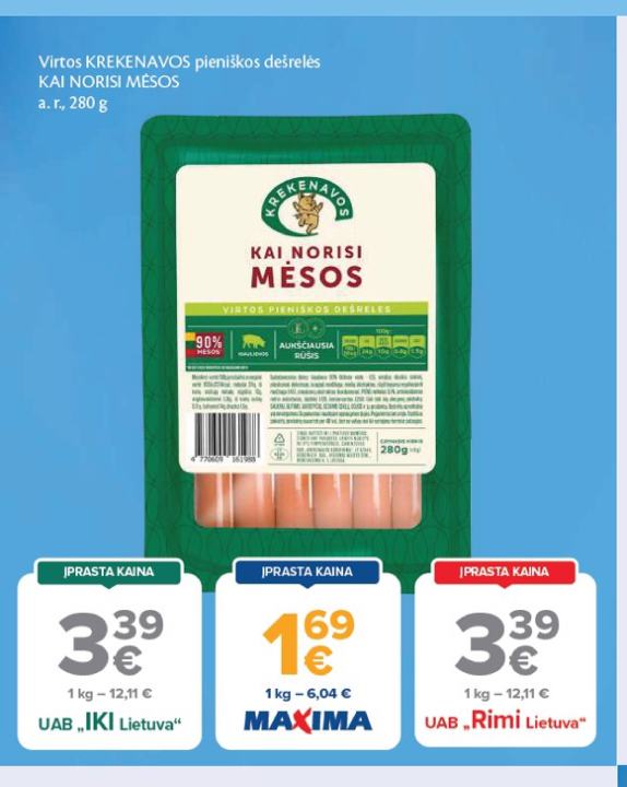 Virtos KREKENAVOS pieniškos dešrelės KAI NORISI MĖSOS, 280 g