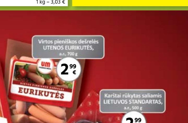 Virtos pieniškos dešrelės UTENOS EURIKUTĖS, 700 g