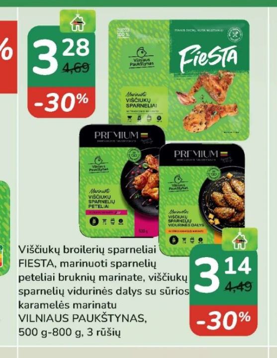 Viščiukų broilerų sparneliai FIESTA, marinuoti sparnelių peteliai bruknių marinate, viščiukų sparnelių vidurinės dalys su sūrios karamelės marinatu VILNIAUS PAUKŠTYNAS, 500 g-800 g