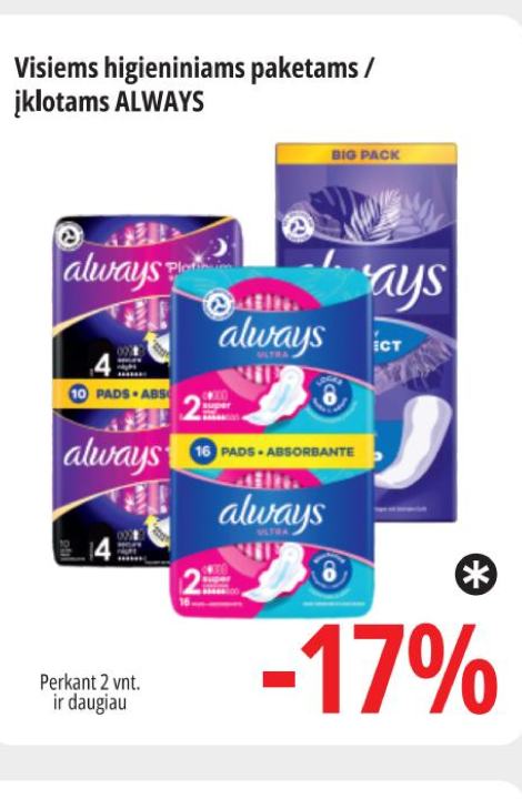 Visiems higieniniams paketams / įklotams ALWAYS