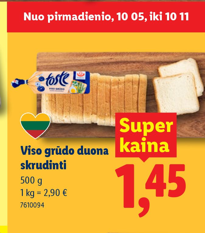 Viso grūdo duona skrudinti, 500 g