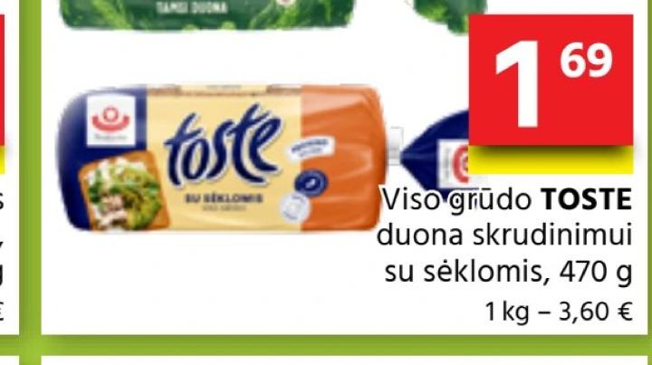 Viso grūdo TOSTE duona skrudinimui su sėklomis, 470 g