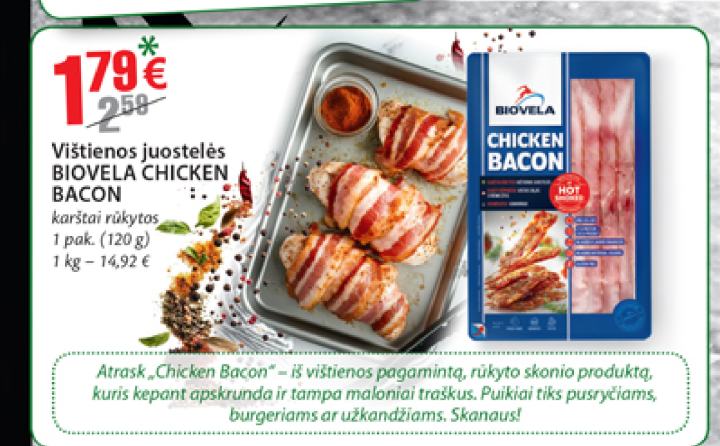 Vištienos juostelės BIOVELA CHICKEN BACON, 120 g