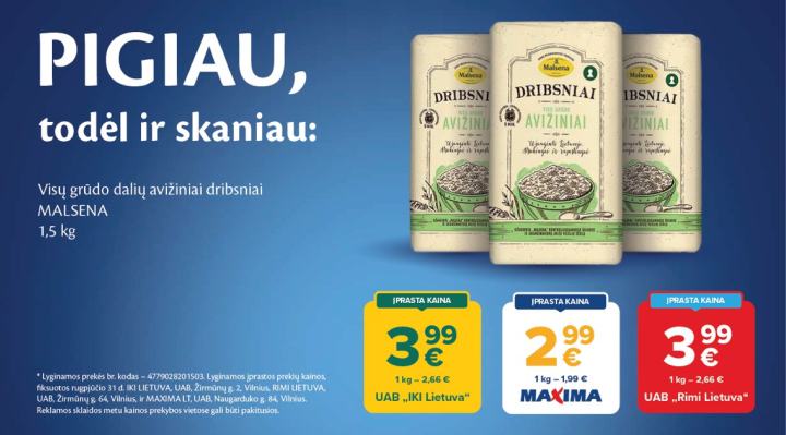 Visų grūdo dalių avižiniai dribsniai MALSENA, 1.5 kg