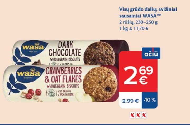 Visų grūdo dalių; avižiniai sausainiai WASA, 250 g
