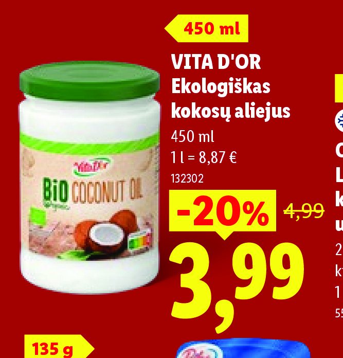 VITA D'OR Ekologiškas kokosų aliejus, 450 ml