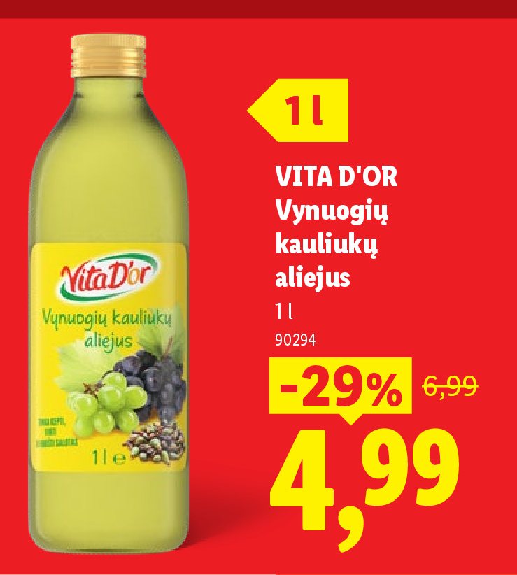 VITA D'OR Vynuogių kauliukų aliejus, 1 l