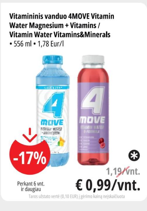 Vitamininis vanduo 4MOVE Vitamin Water Magnesium + Vitamins / Vitamin Water Vitamins&Minerals, 556 ml