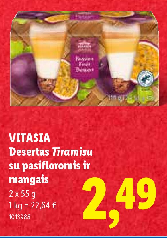 VITASIA Desertas Tiramisu su pasifloromis ir mangais, 2 x 55 g
