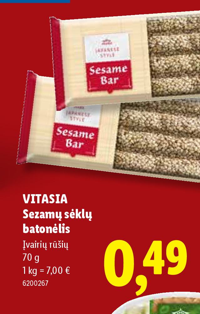 VITASIA Sezamų sėklų batonėlis, 70 g