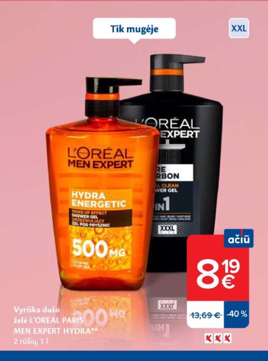 Vyriška dušo želė L'OREAL PARIS MEN EXPERT HYDRA, 1 l