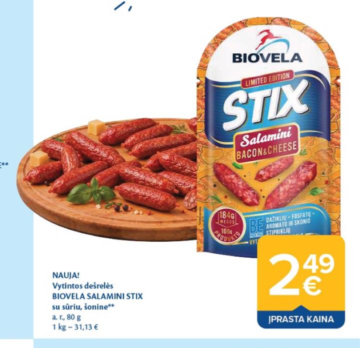Vytintos dešrelės BIOVELA SALAMINI STIX su sūriu, šonine, 80 g