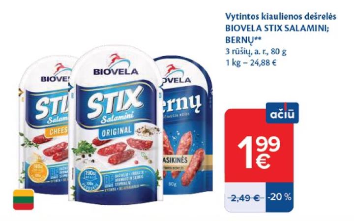 Vytintos kiaulienos dešrelės BIOVELA STIX SALAMINI; BERNŲ, 80 g