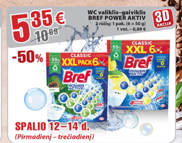 WC valiklis-gaiviklis BREF POWER AKTIV, 6 x 50 g