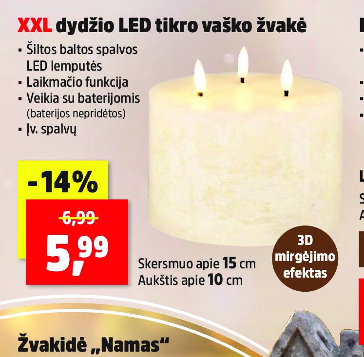 XXL dydžio LED tikro vaško žvakė, 15 cm