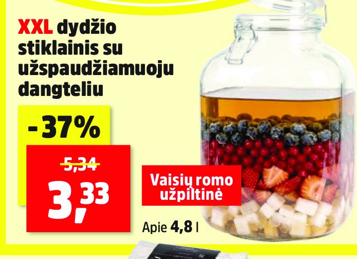 XXL dydžio stiklainis su užspaudžiamuoju dangteliu, 4.8 l
