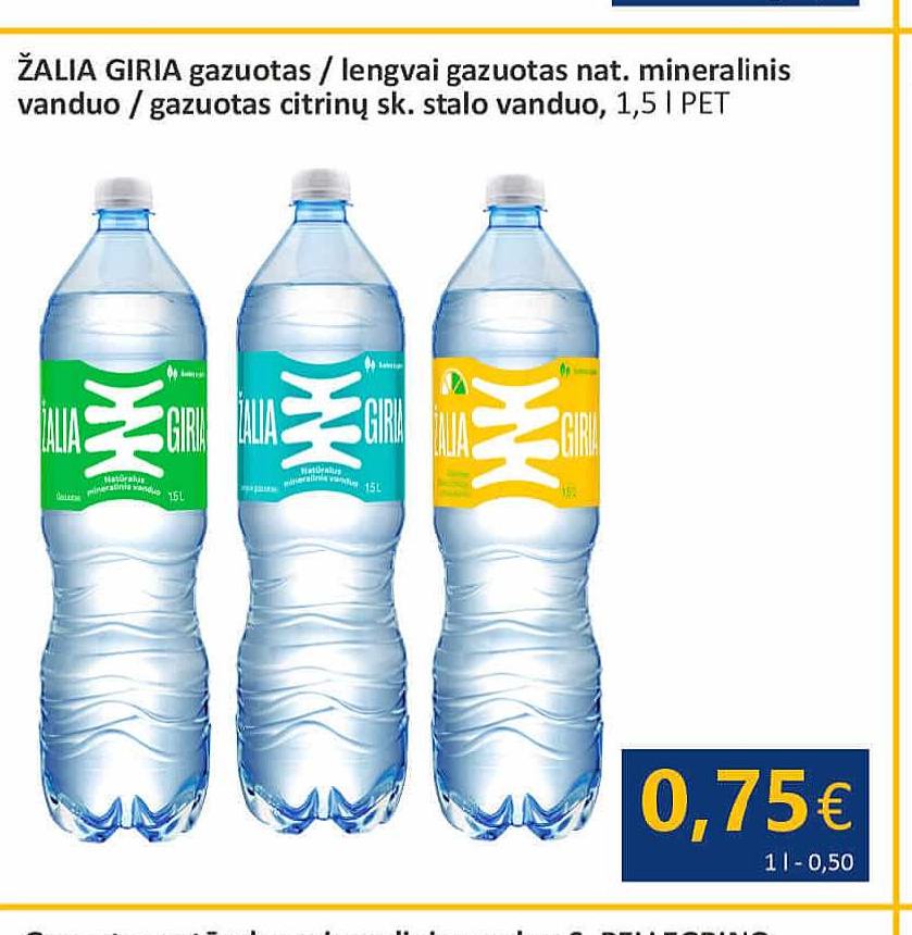ŽALIA GIRIA gazuotas / lengvai gazuotas nat. mineralinis vanduo / gazuotas citrinų sk. stalo vanduo, 1.5 l