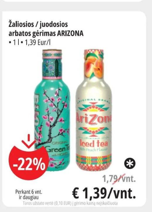 Žaliosios / juodosios arbatos gėrimas ARIZONA, 1 l