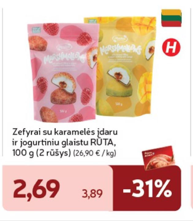 Zefyrai su karamelės įdaru ir jogurtiniu glaistu RŪTA, 100 g