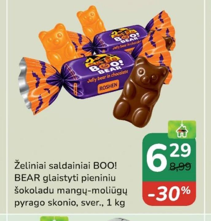 Želiniai saldainiai BOO! BEAR glaistyti pieniniu šokoladu mangų-moliūgų pyrago skonio, 1 kg