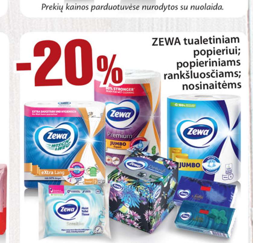 ZEWA tualetiniam popieriui; popieriniams rankšluosčiams; nosinaitėms