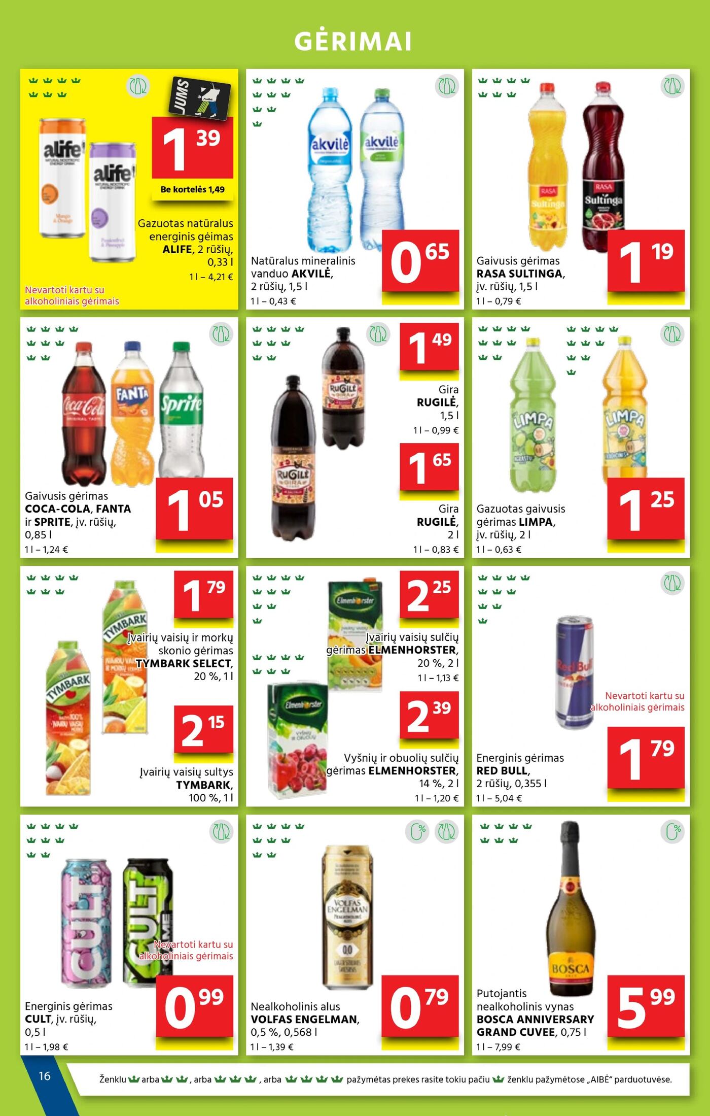 Naujas Aibė nuolaidų leidinys - Mes – Jūsų kaimynai! Nr.19 – 17 puslapis: Sūriams GERMANTAS, 150 g, Gazuotas natūralus energinis gėrimas ALIFE, 0.33 l, Natūralus mineralinis vanduo AKVILĖ, 1.5 l