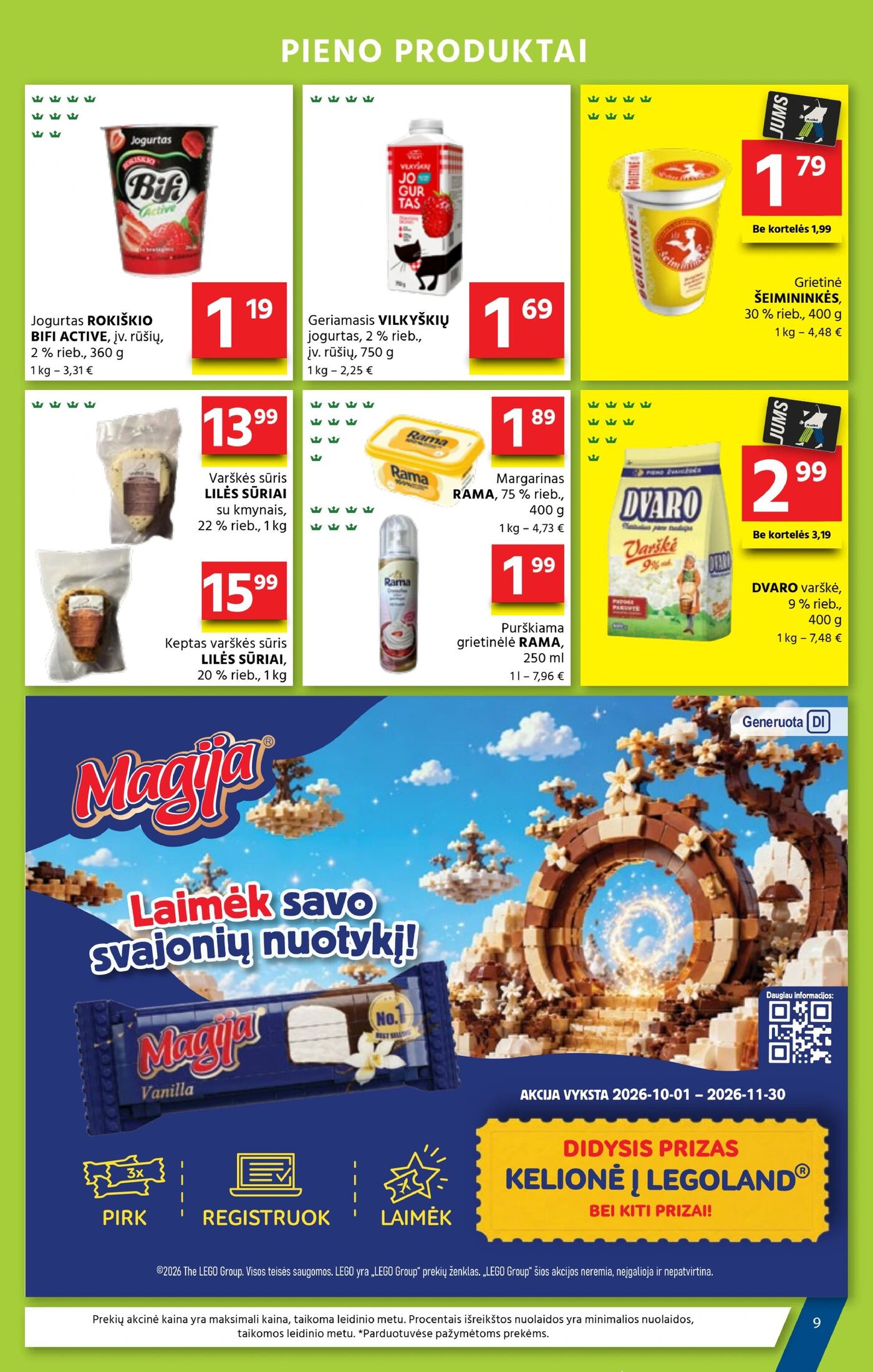 Naujas Aibė nuolaidų leidinys - Mes – Jūsų kaimynai! Nr.19 – 8 puslapis: Jogurtas ROKIŠKIO BIFI ACTIVE, 360 g, Geriamasis VILKYŠKIŲ jogurtas, 750 g, ŠEIMININKĖS grietinė, 400 g