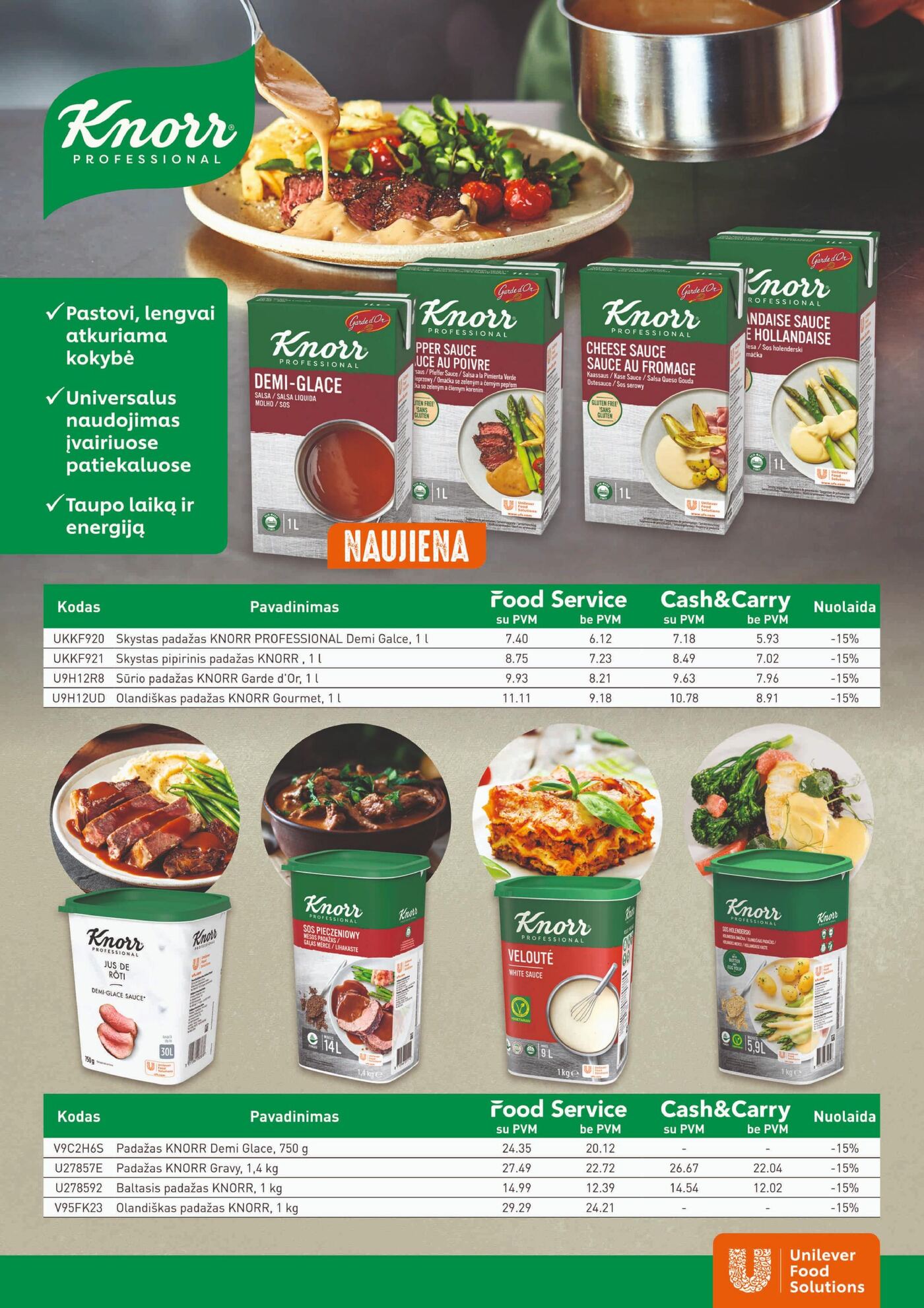 Naujas ePromo nuolaidų leidinys - IR PROFESIONALUI. IR GURMANUI. – 5 puslapis: Skystas padažas KNORR PROFESSIONAL Demi Galce, 1 l, Skystas pipirinis padažas KNORR, 1 l, Sūrio padažas KNORR Garde d'Or, 1 l