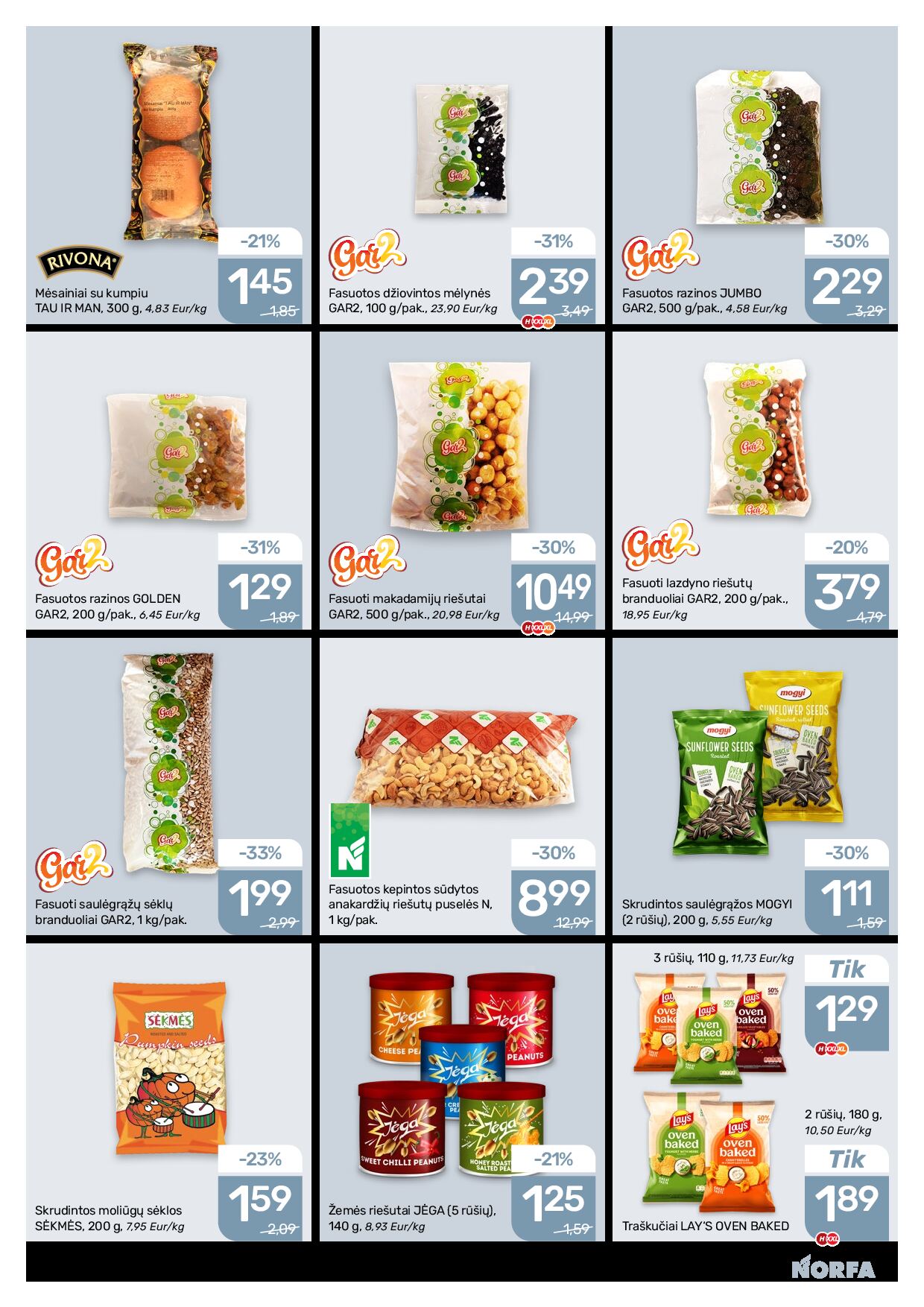 NORFA Nr. 20 (520) – 10 puslapis: Fasuoti lazdyno riešutų branduoliai GAR2, 200 g, Fasuotos razinos GOLDEN GAR2, 200 g, Mėsainiai su kumpiu TAU IR MAN, 300 g