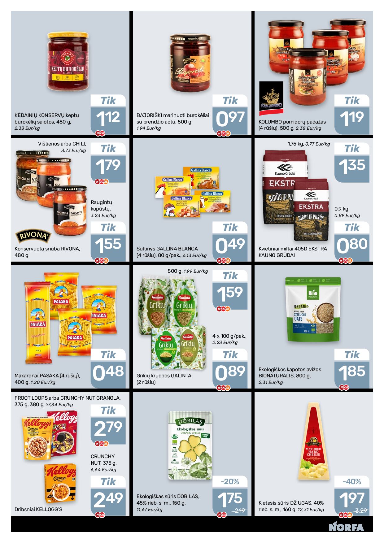 NORFA Nr. 20 (520) – 12 puslapis: Keptų burokėlių salotos KĖDAINIŲ KONSERVAI, 480 g, Sultinys GALLINA BLANCA, 80 g, Kvietiniai miltai 405D EKSTRA KAUNO GRŪDAI, 0.9 kg