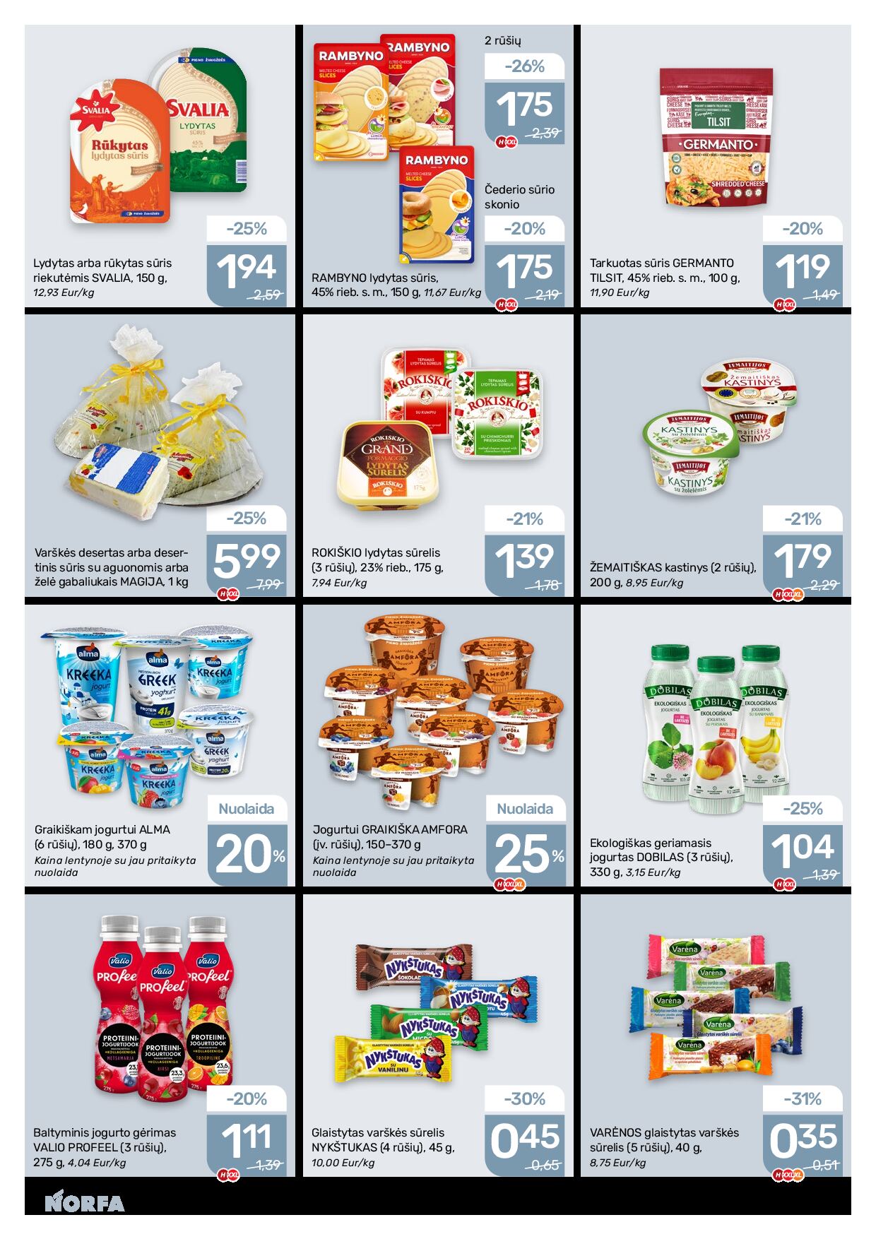 NORFA Nr. 20 (520) – 13 puslapis: Tarkuotas sūris GERMANTO TILSIT, 100 g, Lydytas arba rūkytas sūris riekutėmis SVALIA, 150 g, Varškės desertas arba desertinis sūris su aguonomis arba želė gabaliukais MAGIJA, 1 kg