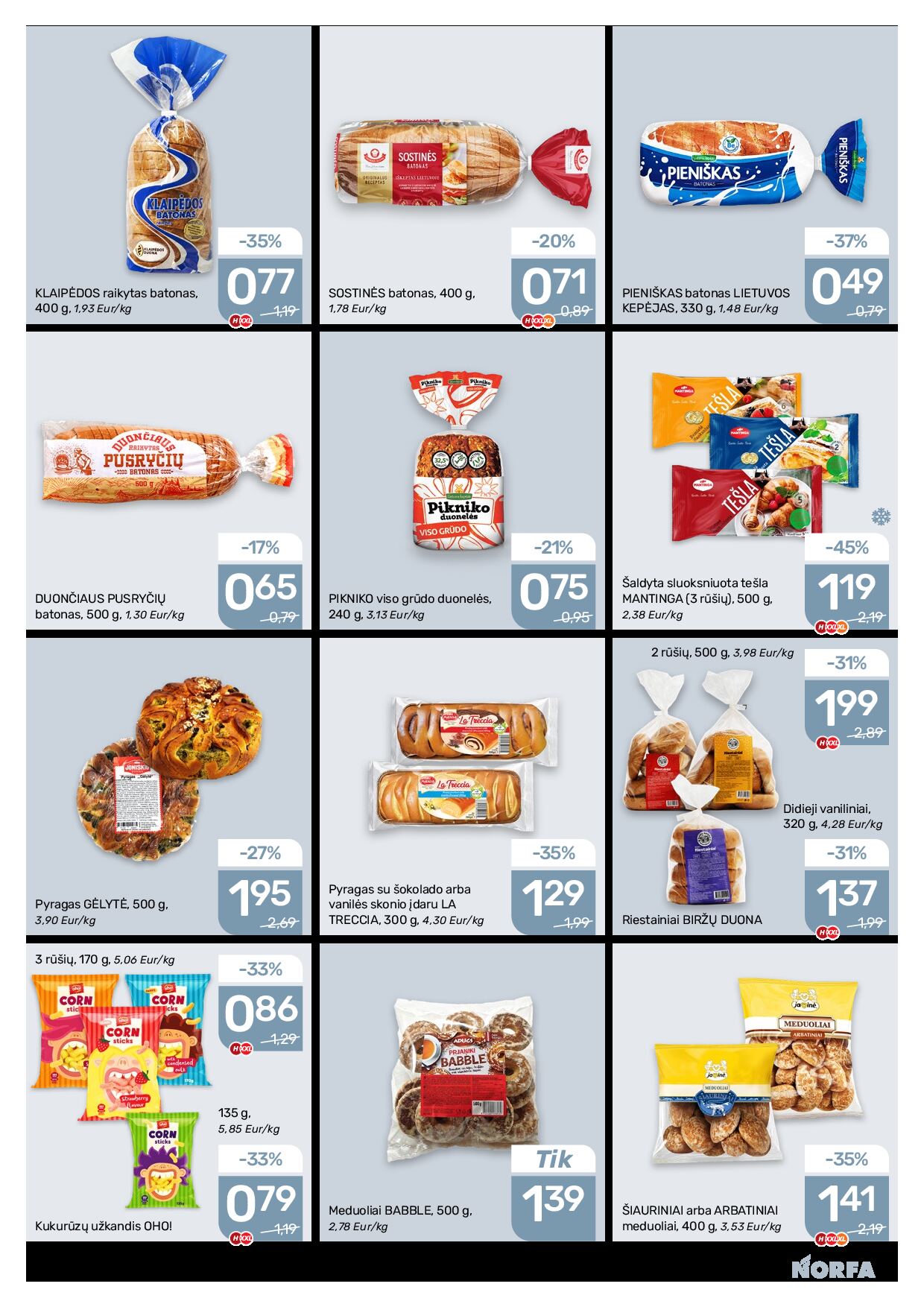 NORFA Nr. 20 (520) – 16 puslapis: Pyragas su šokolado arba vanilės skonio įdaru LA TRECCIA, 300 g, KLAIPĖDOS raikytas batonas, 400 g, DUONČIAUS PUSRYČIŲ batonas, 500 g