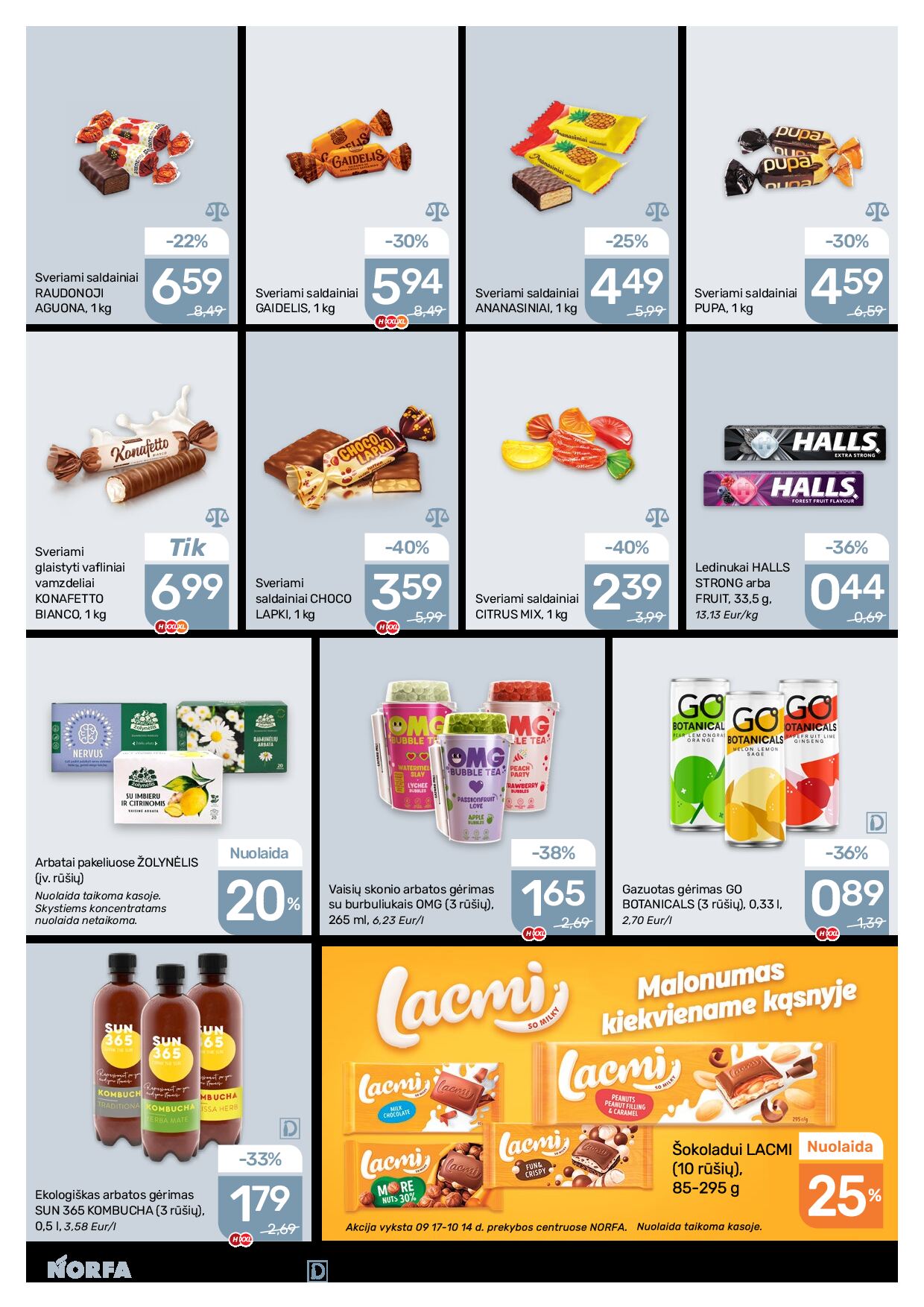 NORFA Nr. 20 (520) – 19 puslapis: Sveriami saldainiai CITRUS MIX, 1 kg, Gazuotas gėrimas GO BOTANICALS, 0.33 l, Sveriami saldainiai PUPA, 1 kg