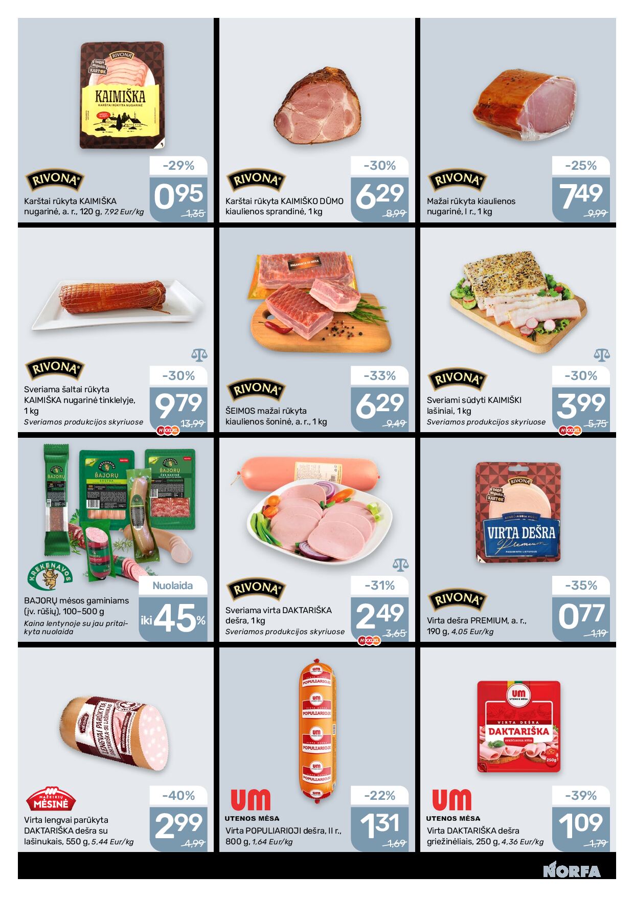 NORFA Nr. 20 (520) – 4 puslapis: Sveriama šaltai rūkyta KAIMIŠKA nugarinė tinklelyje, 1 kg, Karštai rūkyta KAIMIŠKA nugarinė, 120 g, Sveriama virta DAKTARIŠKA dešra, 1 kg