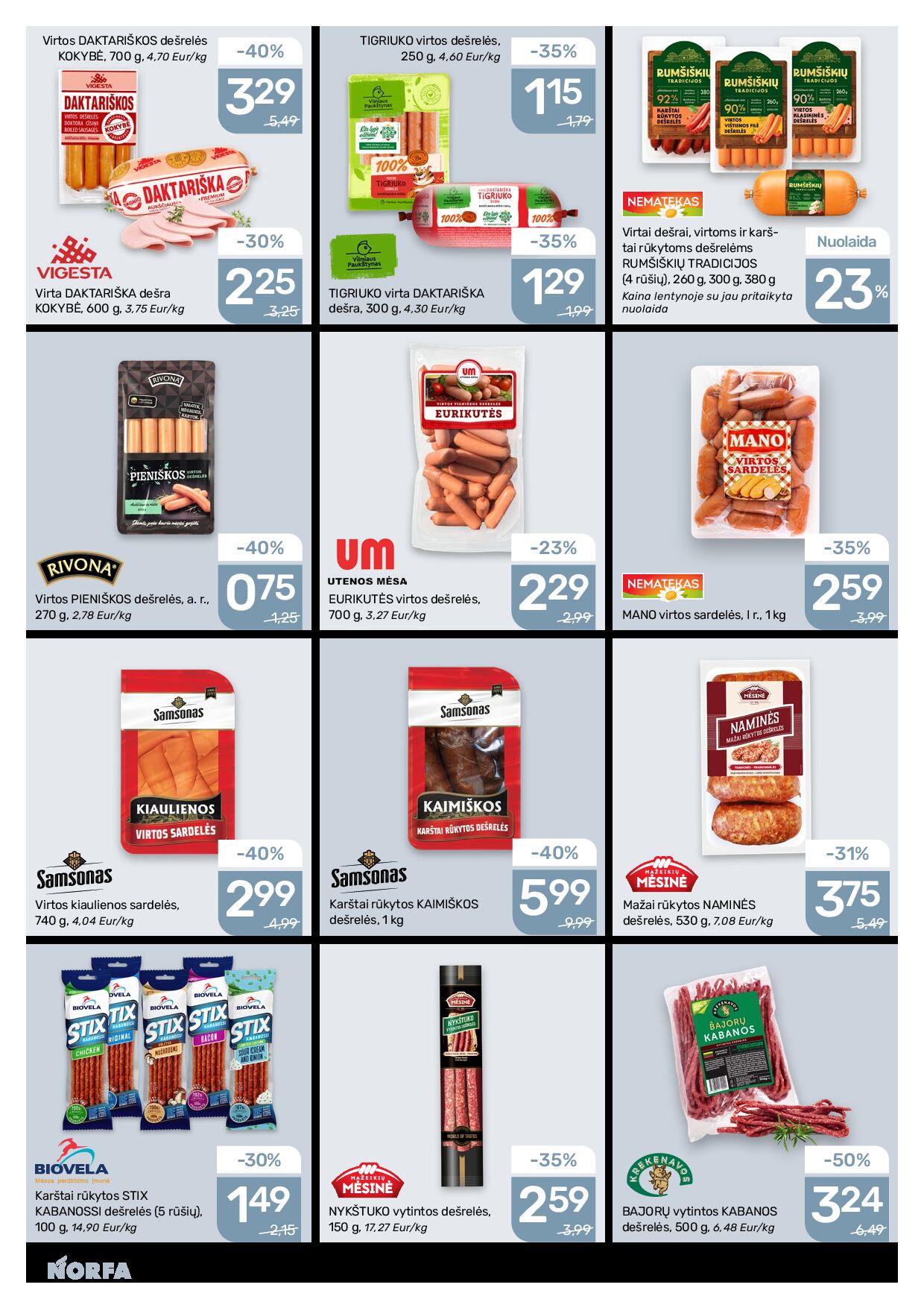 NORFA Nr. 20 (520) – 5 puslapis: MANO virtos sardelės, 1 kg, Virtos kiaulienos sardelės, 740 g, NYKŠTUKO vytintos dešrelės, 150 g