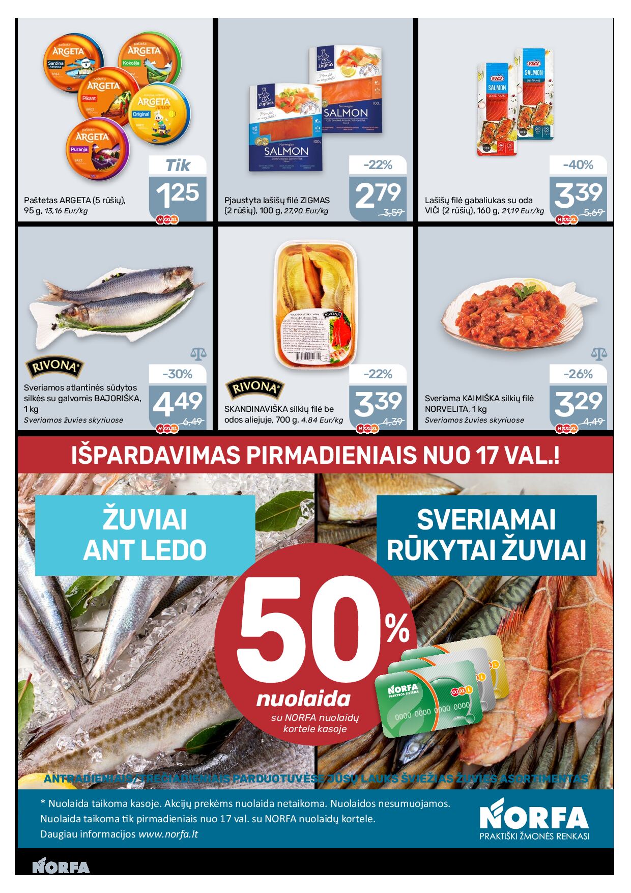 NORFA Nr. 20 (520) – 7 puslapis: Pjaustyta lašišos filė ZIGMAS, 100 g, Sveriama KAIMIŠKA silkių filė NORVELITA, 1 kg, SKANDINAVIŠKA silkių filė be odos aliej., 700 g