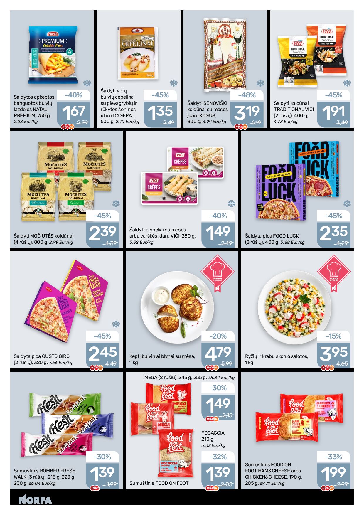 NORFA Nr. 20 (520) – 9 puslapis: Šaldyti MOČIUTĖS koldūnai, 800 g, Kepti bulviniai blynai su mėsa, 1 kg, Ryžių ir krabų skonio salotos, 1 kg