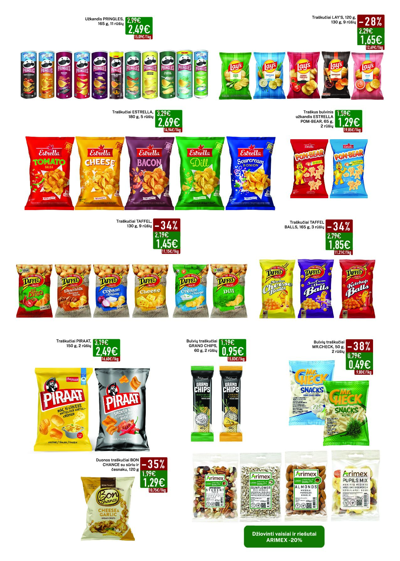 Elimart Tau leidinys – 11 puslapis: Užkandis PRINGLES, 165 g, Traškučiai LAY'S, 120 g, Traškučiai ESTRELLA, 180 g