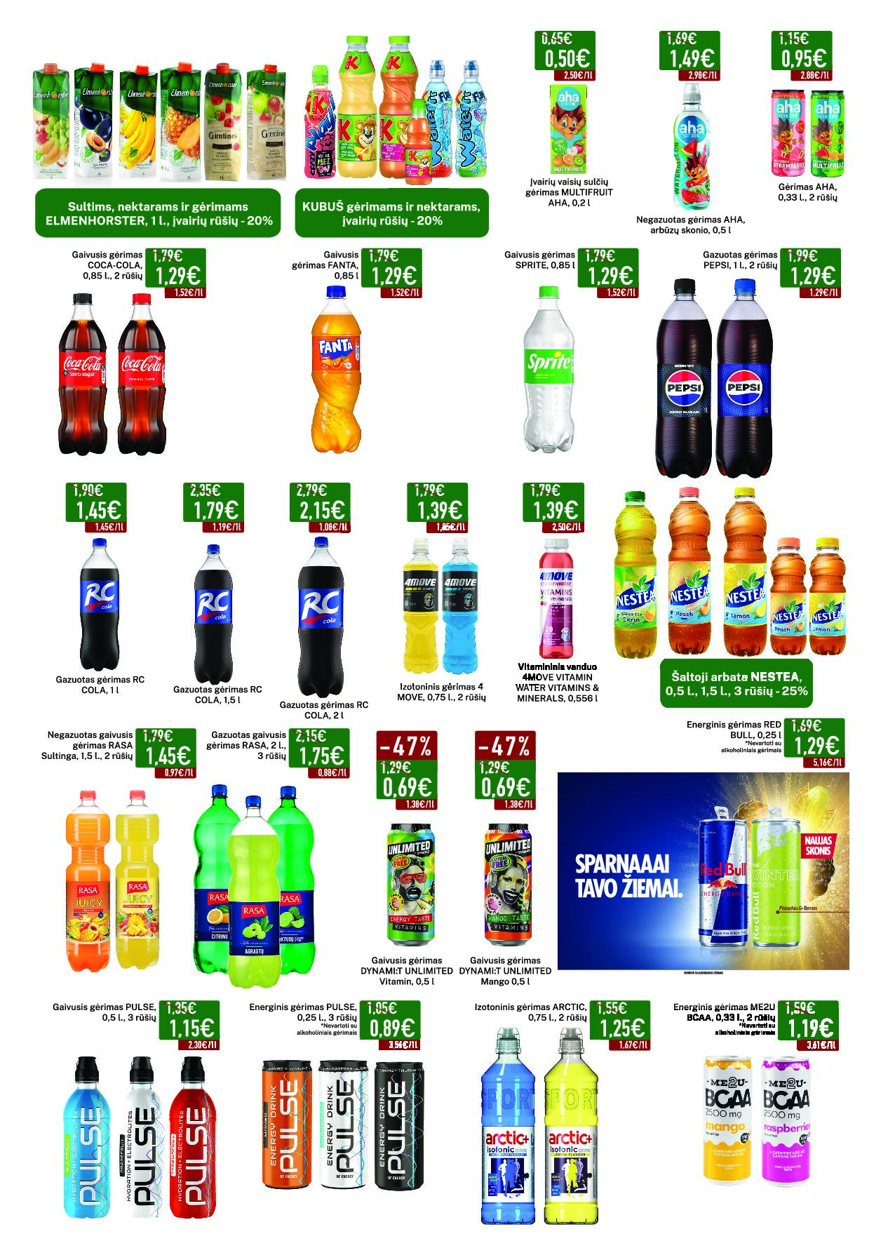 Elimart Tau leidinys – 13 puslapis: Sultims, nektarams ir gėrimams ELMENHORSTER, 1 l, KUBUŠ gėrimams ir nektarams, Įvairių vaisių sulčių gėrimas MULTIFRUIT AHA, 0.2 l
