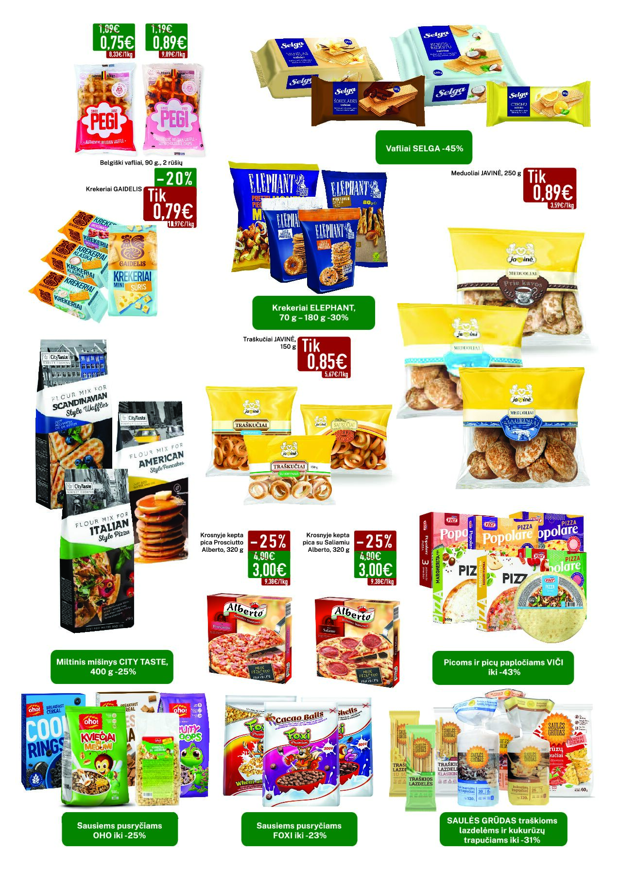 Elimart Tau leidinys – 4 puslapis: Belgiški vafliai PEGI, 90 g, Vafliai SELGA, Krekeriai GAIDELIS