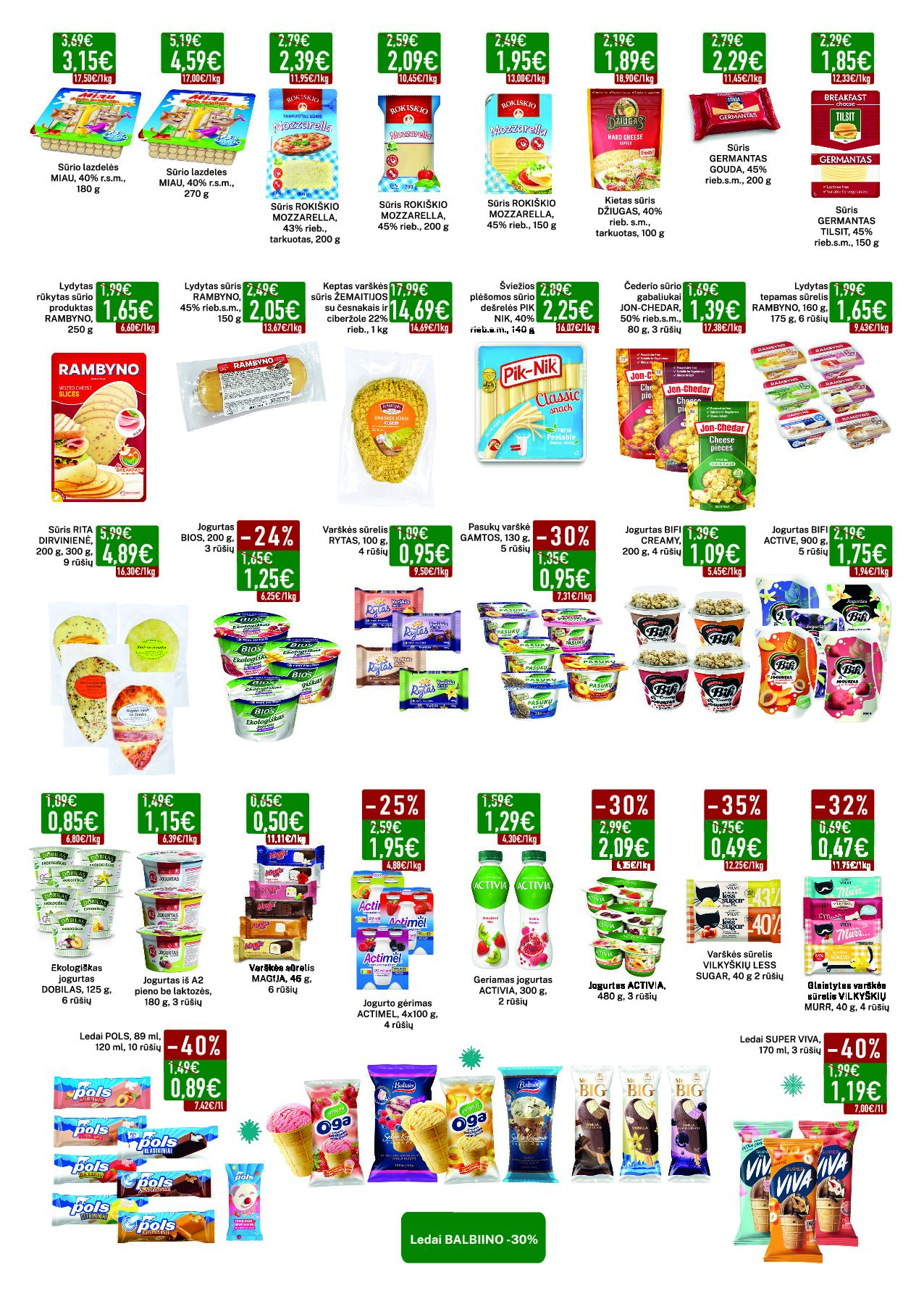 Elimart Tau leidinys – 7 puslapis: Sūrio lazdelės MIAU, 180 g, Sūrio lazdelės MIAU, 270 g, ROKIŠKIO sūris MOZZARELLA, 200 g