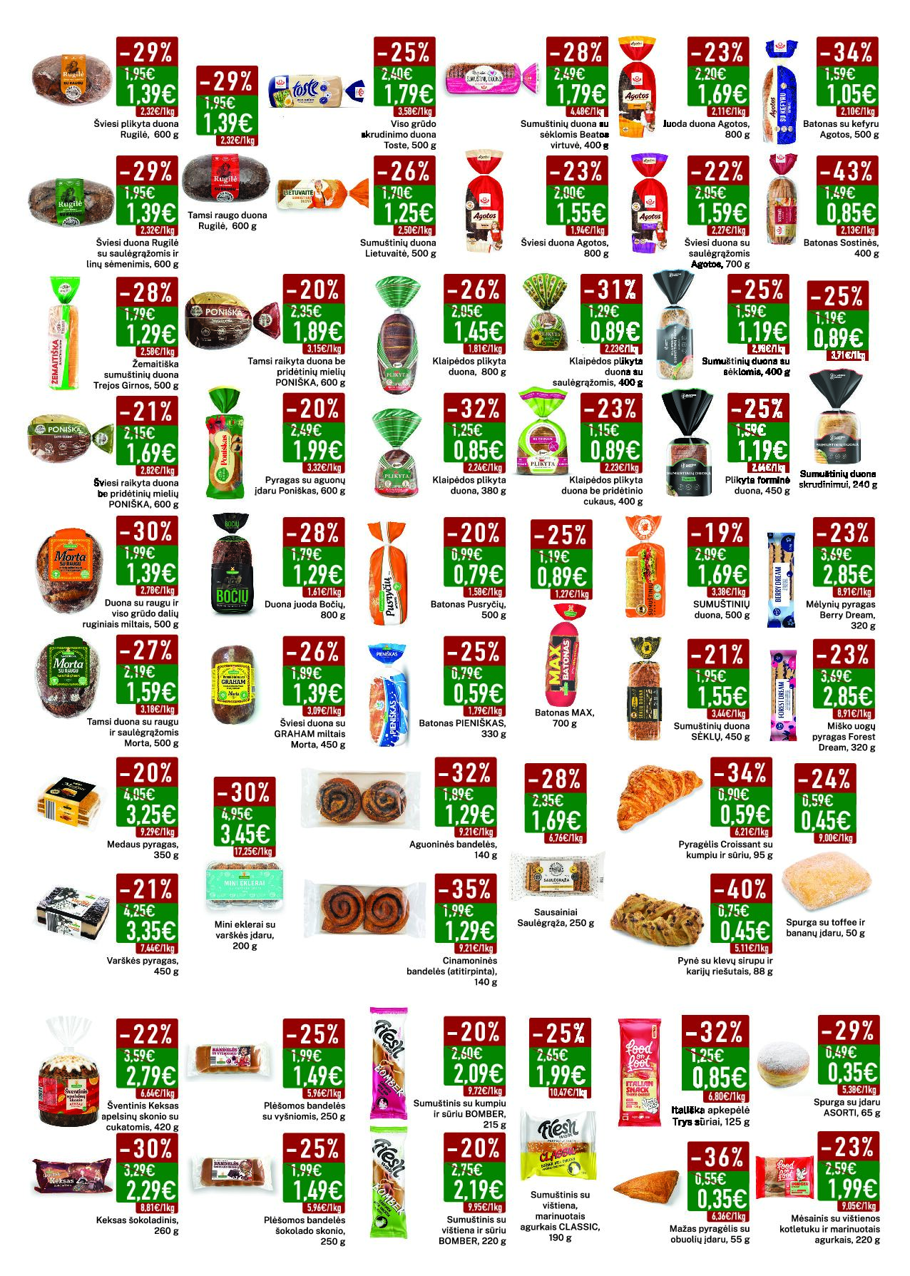 Elimart Tau leidinys – 8 puslapis: Šviesi plikyta duona Rugilė, 600 g, Tamsi raugo duona Rugilė, 600 g, Viso grūdo skrudinimo duona TOSTE, 500 g