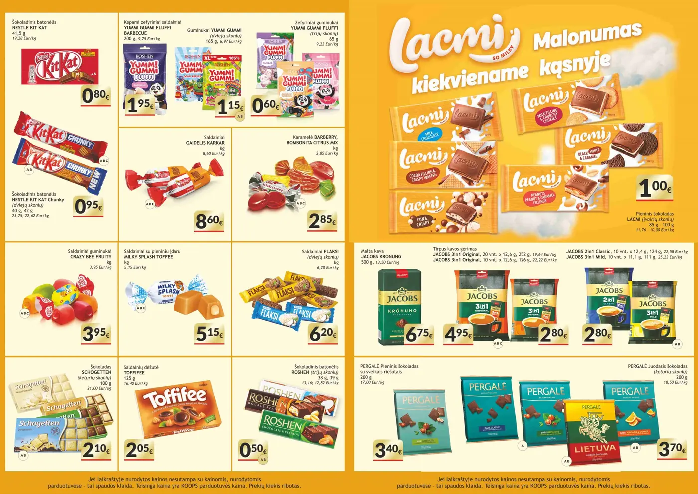 Koops naudingų pasiūlymų leidinys – 4 puslapis: Šokoladinis batonėlis NESTLE, KIT KAT, 41.5 g, Šokoladinis batonėlis NESTLE, KIT KAT CHUNKY, 40 g, Kepamieji zefyriniai saldainiai YUMMI GUMMI FLUFFI BARBECUE, 200 g