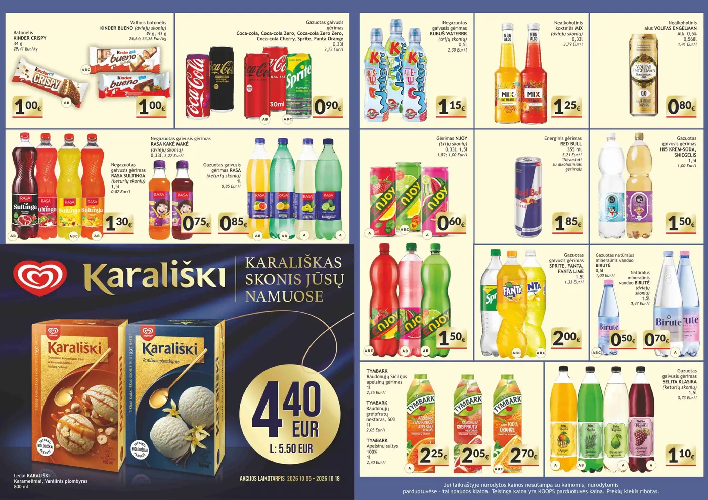 Koops naudingų pasiūlymų leidinys – 5 puslapis: Batonėlis KINDER CRISPY, 34 g, Vaflinis batonėlis KINDER BUENO, 39 g, Gazuotas gaivusis gėrimas Coca-Cola, Coca-Cola Zero, Coca-Cola Zero Zero, Coca-cola Cherry, Sprite, Fanta Orange, 0.33 l