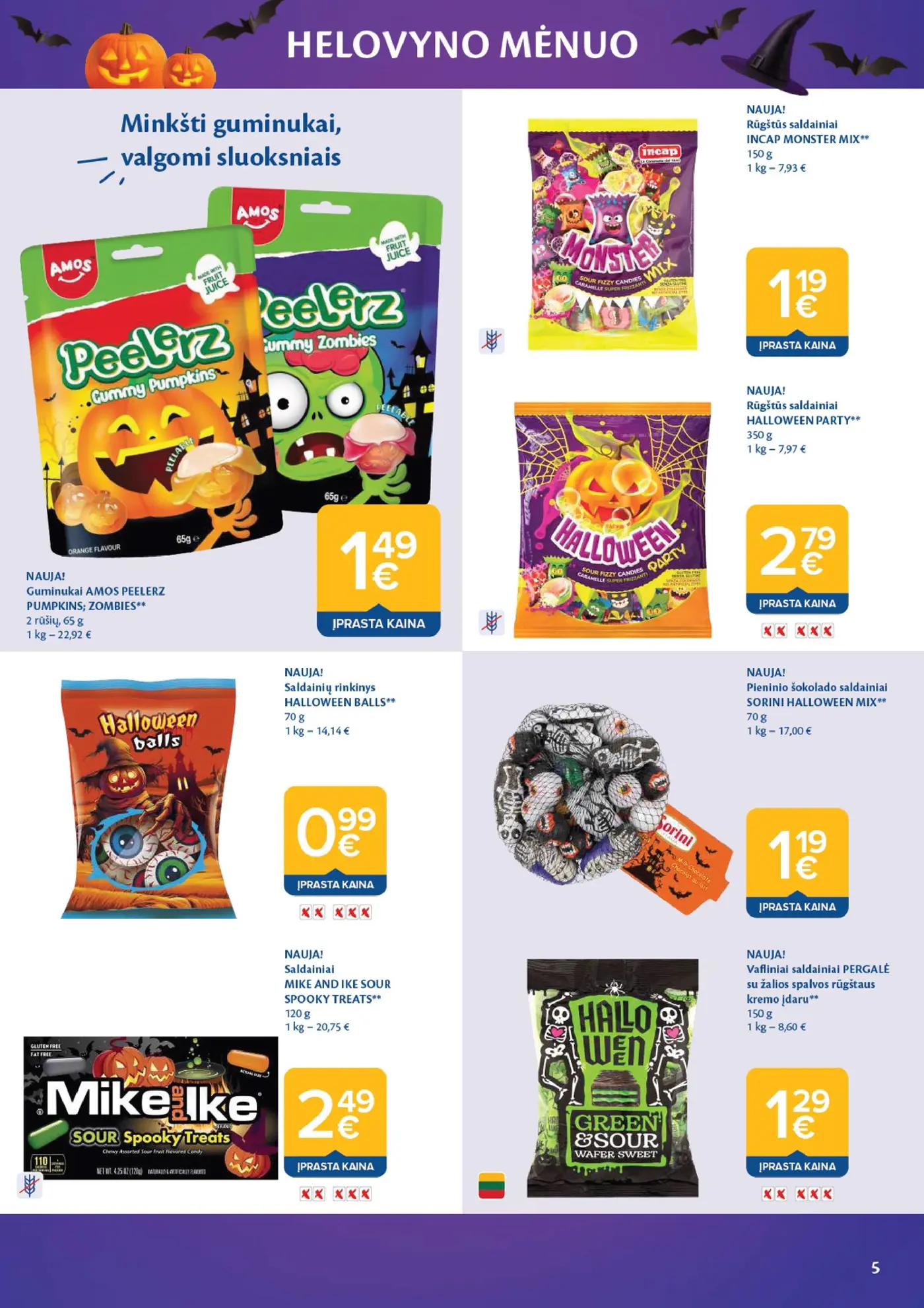 Naujas Maxima nuolaidų leidinys - HELOVYNO MĖNUO – 5 puslapis: Guminukai AMOS PEELERZ PUMPKINS; ZOMBIES, 65 g, Rūgštūs saldainiai INCAP MONSTER MIX, 150 g, Saldainių rinkinys HALLOWEEN BALLS, 70 g