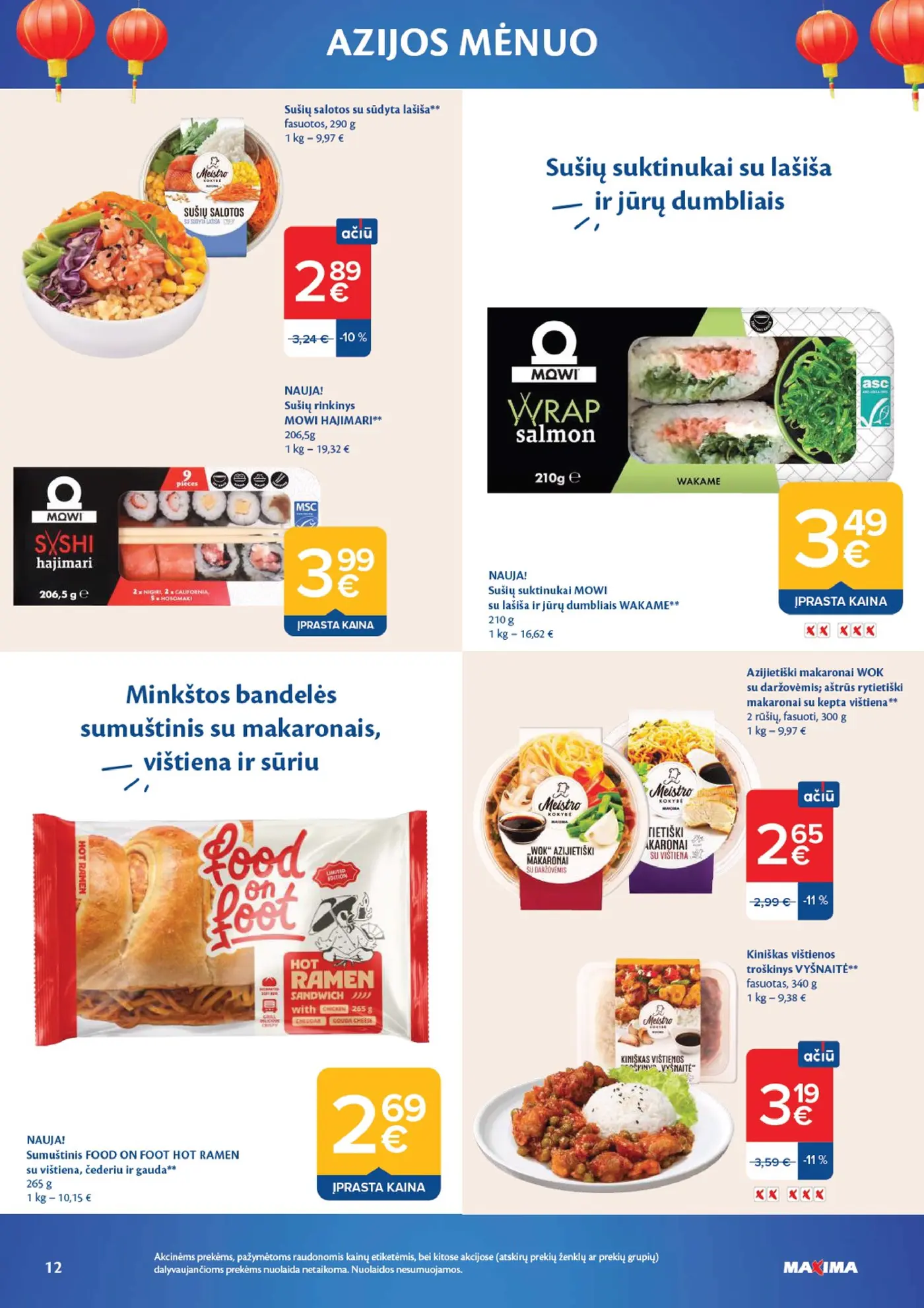 Naujas Maxima nuolaidų leidinys - AZIJOS MĖNUO – 12 puslapis: Sušių rinkinys MOWI HAJIMARI, 206.5 g, Sumuštinis FOOD ON FOOT HOT RAMEN, 265 g