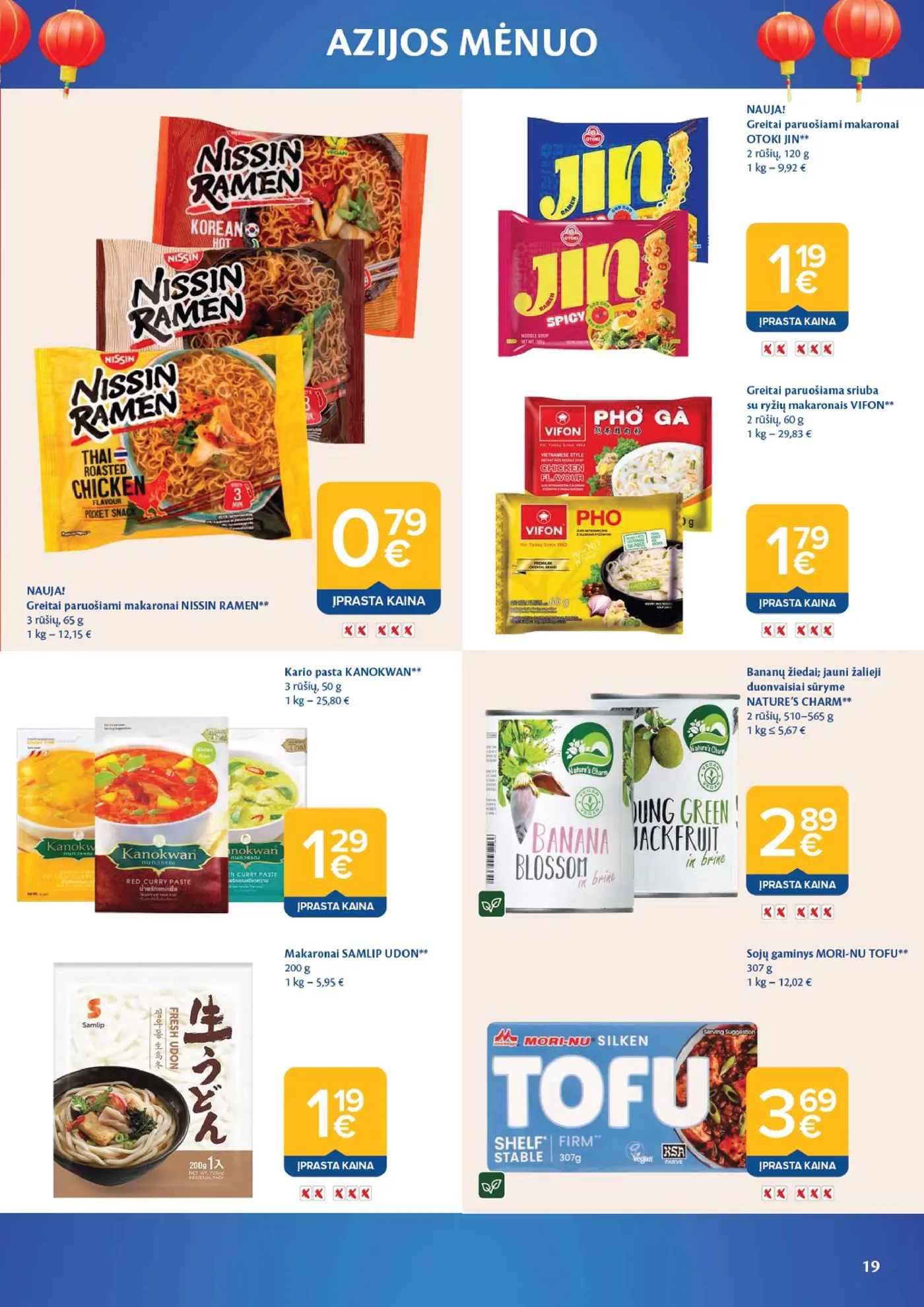 Naujas Maxima nuolaidų leidinys - AZIJOS MĖNUO – 19 puslapis: Greitai paruošiami makaronai NISSIN RAMEN, 65 g, Greitai paruošiami makaronai JIN OTOKI, 120 g, Greitai paruošiama sriuba su ryžių makaronais VIFON, 60 g
