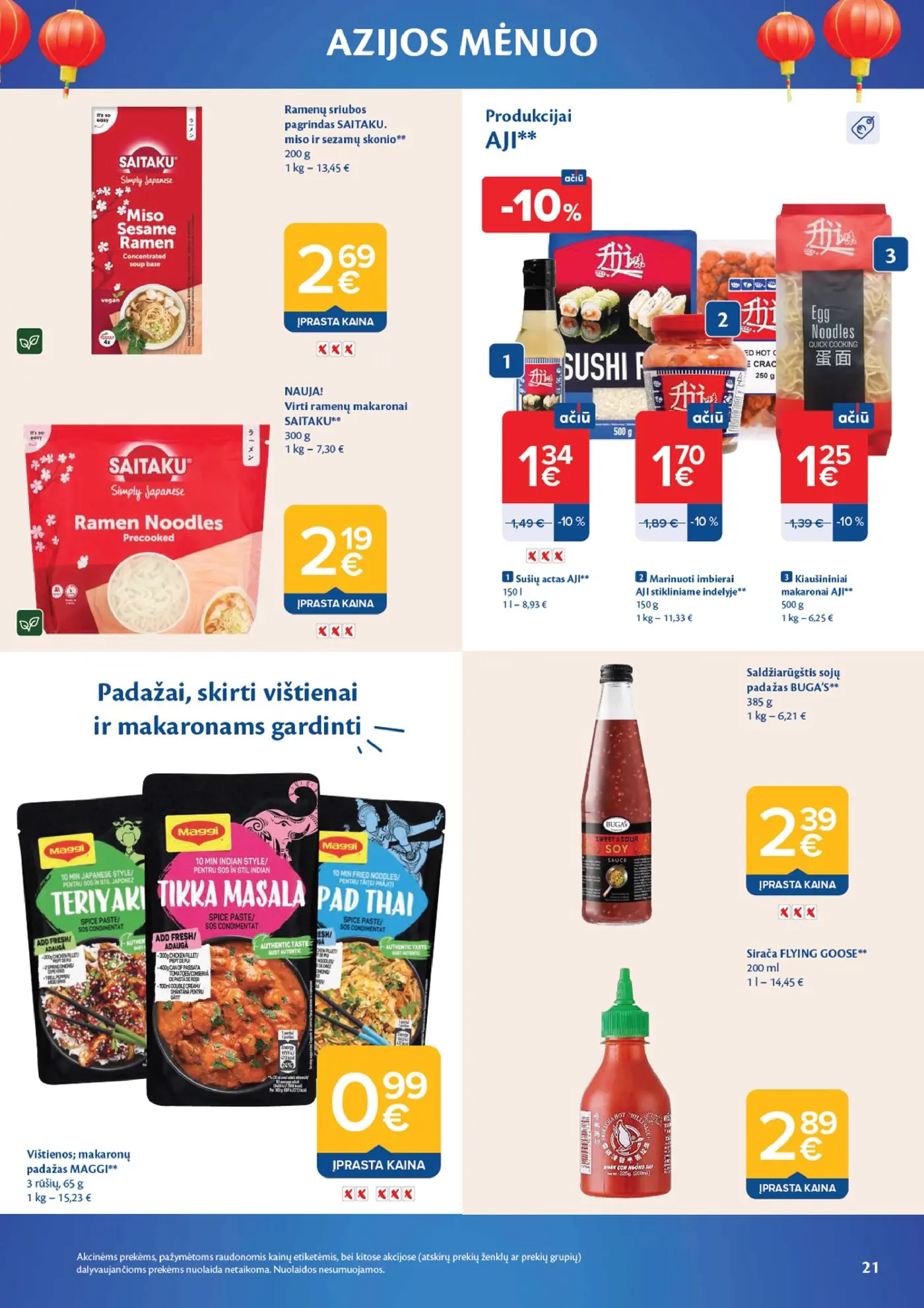 Naujas Maxima nuolaidų leidinys - AZIJOS MĖNUO – 21 puslapis: Ramenų sriubos pagrindas SAITAKU, 200 g, Virti ramenų makaronai SAITAKU, 300 g, Produkcijai AJI