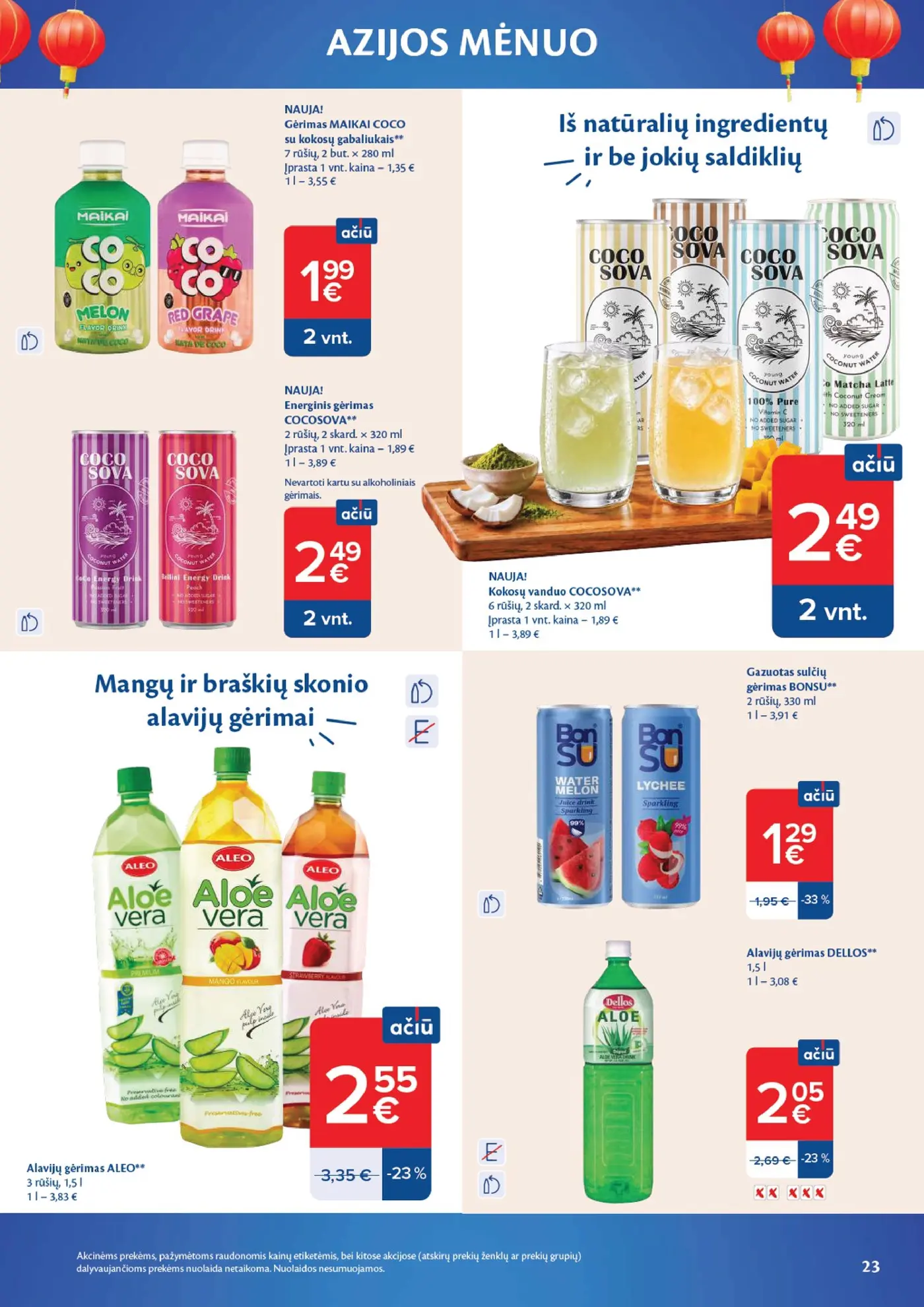 Naujas Maxima nuolaidų leidinys - AZIJOS MĖNUO – 23 puslapis: Gėrimas MAIKAI COCO, 280 ml, Energinis gėrimas COCOSOVA, 2 skard., Kokosų vanduo COCOSOVA, 2 skard.
