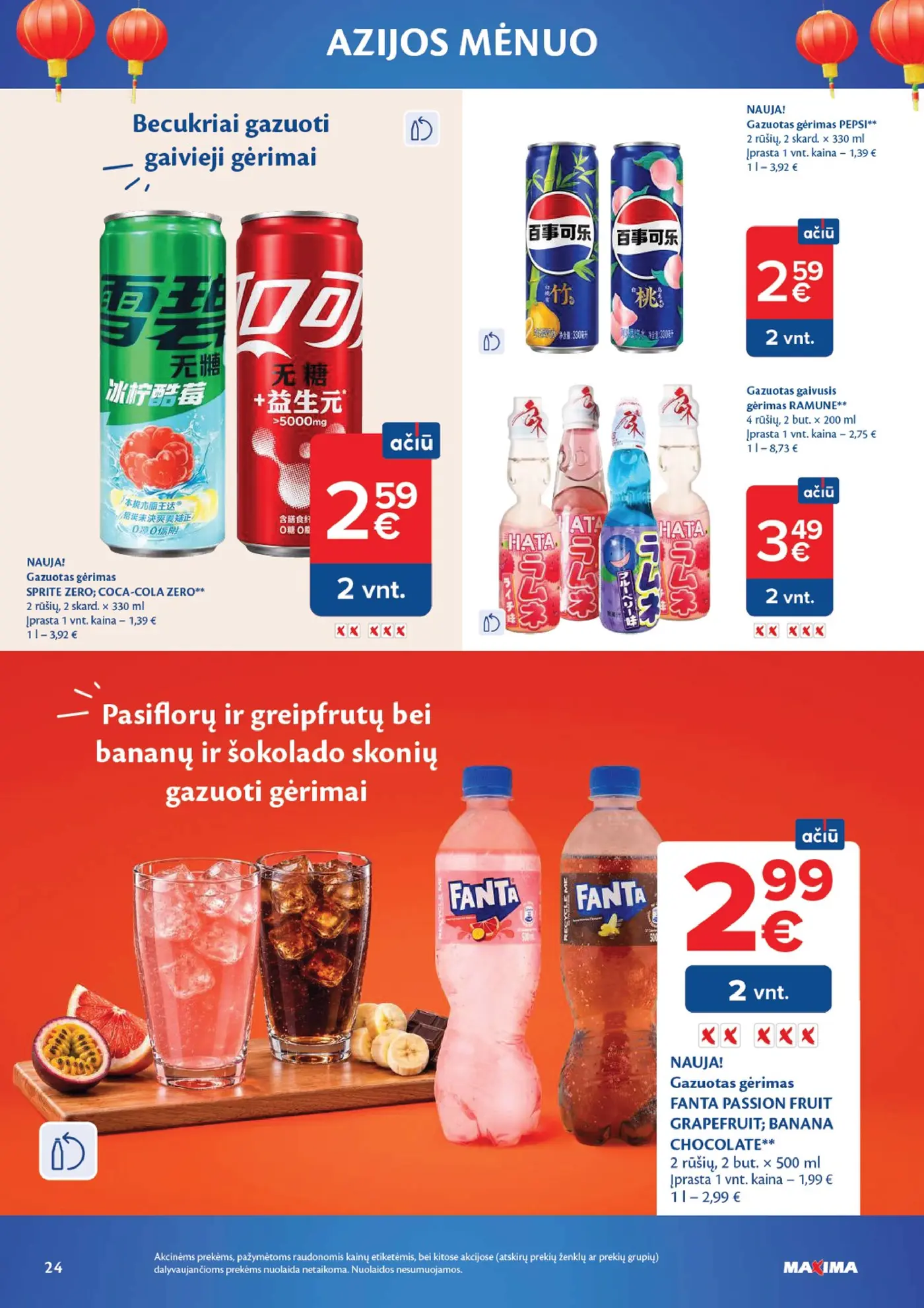 Naujas Maxima nuolaidų leidinys - AZIJOS MĖNUO – 24 puslapis: Gazuotas gėrimas PEPSI, 2 skard., Gazuotas gėrimas SPRITE ZERO; COCA-COLA ZERO, 2 skard., Gazuotas gaivusis gėrimas RAMUNE, 200 ml
